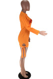オレンジ セクシー キャップスリーブ 長袖 Oネック ステップスカート 膝丈 包帯 プリント 非対称