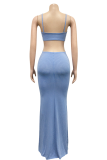 Blue Sexy Solid Hollowed Out Halter Pencil Skirt Dresses