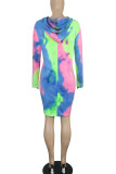 Blue Purple Casual Print Tie Dye Patchwork Hooded Collar Straight Plus Size Dresses