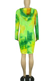 Robes décontractées imprimées Tie Dye Patchwork à capuche col droit grande taille vert