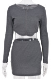 Grey Sexy Solid Patchwork Asymmetrical Zipper O Neck Long Sleeve Two Pieces