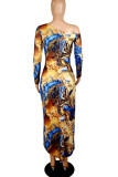 Lichtblauwe sexy print patchwork asymmetrische schouderloze jurken met lange mouwen