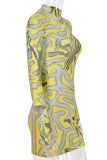 Robes jaunes décontractées à jupe crayon à col rond en patchwork solide