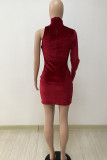 Red Sexy Solid Hollowed Out Patchwork Asymmetrical Turtleneck Pencil Skirt Dresses