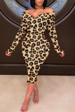Damasco sexy leopardo patchwork fora do ombro vestidos de saia lápis