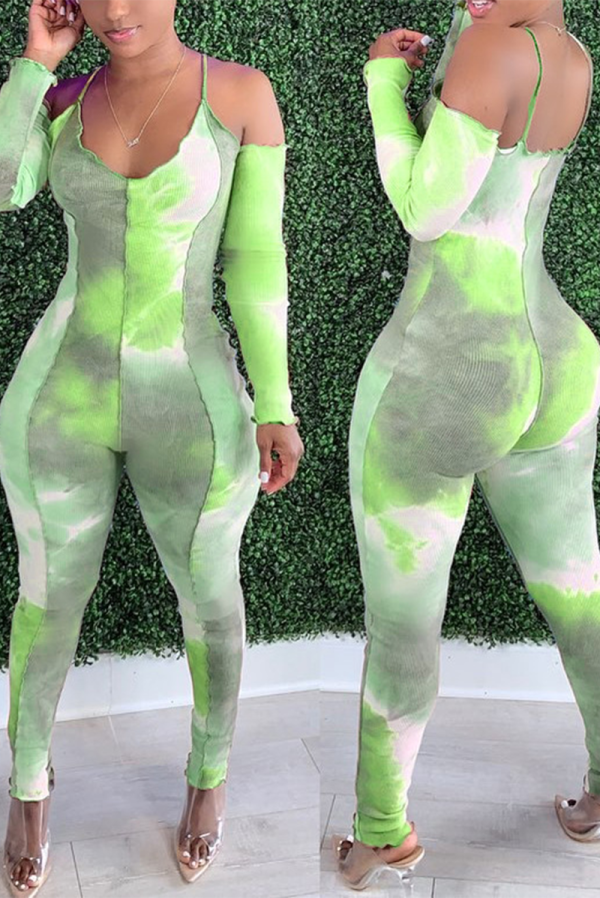 Green Sexy Patchwork Tie-dye Spaghetti Strap Skinny Jumpsuits