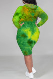 Groene casual print tie-dye patchwork capuchonkraag rechte grote maten jurken