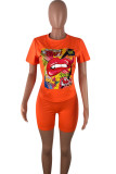 Orange Casual Letter Print Patchwork O Neck Short Sleeve Two Pieces