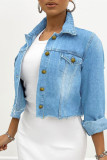 Light Blue Fashion Solid Patchwork Turndown Collar Long Sleeve Regular Denim Jacket