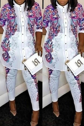 Purple Fashion Casual Print Hot Drill O Neck Three Quarter Two Pieces