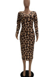 Абрикосовые сексуальные леопардовые лоскутные платья с открытыми плечами и юбкой-карандашом