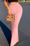 Alto-falante de cintura alta rosa casual com corte de bota sólido fundo de cor sólida