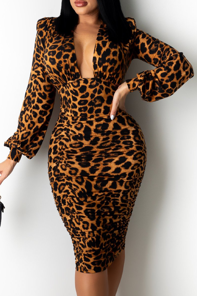 

Leopard Print Sexy Leopard Split Joint V Neck Pencil Skirt Dresses