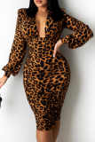 Vestidos de falda de lápiz con cuello en V de patchwork de leopardo sexy marrón