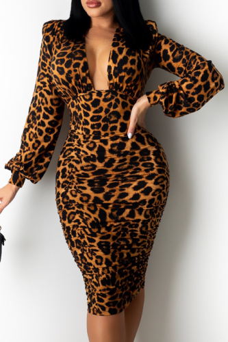 Vestidos saia lápis com estampa de leopardo sexy de leopardo com decote em v