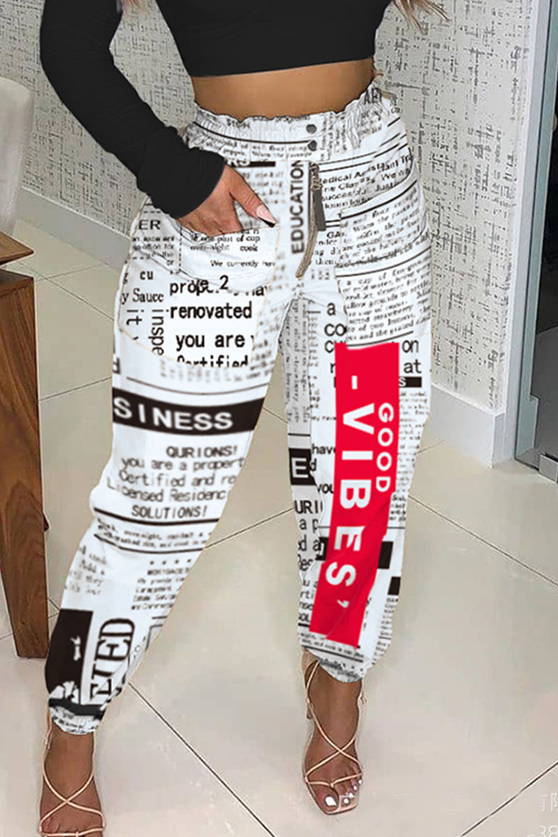 

White Casual Print Split Joint Loose High Waist Pencil Full Print Bottoms