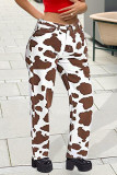 Pantalones rectos con estampado completo de cintura alta y patchwork con estampado callejero café