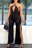 Black Sexy Solid Patchwork Halter Boot Cut Jumpsuits