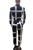 Black Casual Striped Print Patchwork Buckle Turndown Collar Long Sleeve Two Pieces