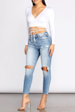 Blue Sexy Patchwork Patchwork Mid Waist Skinny Ripped Denim Jeans