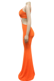 Оранжевые сексуальные сплошные выдолбленные платья-юбки-карандаш с лямкой на шее