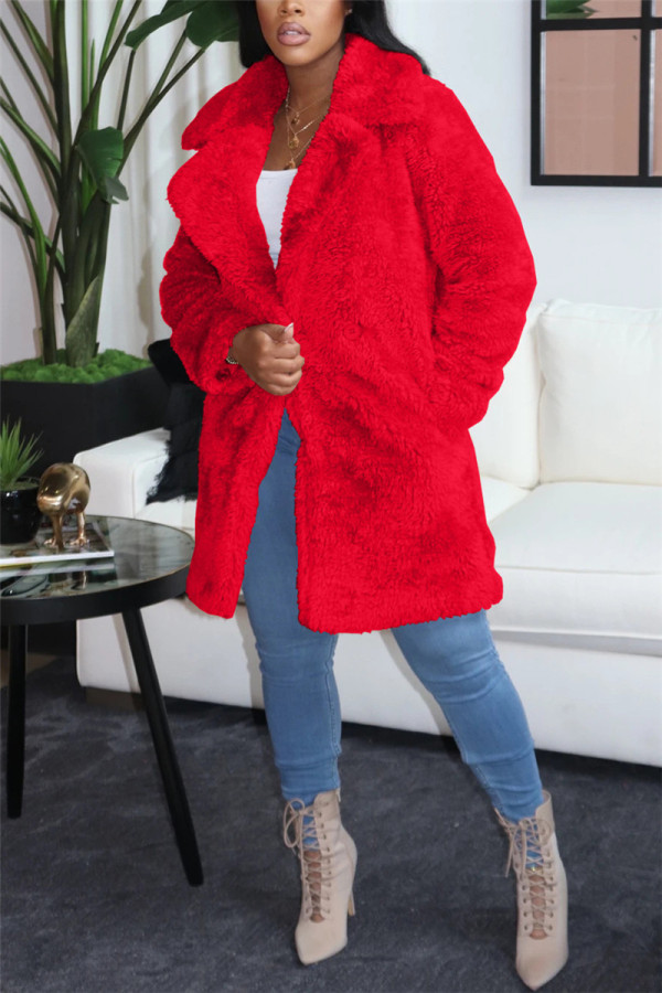 Prendas de abrigo de cuello vuelto de cárdigan sólido informal de moda roja