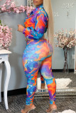Blue Orange Fashion Casual Print Patchwork Turndown Collar Long Sleeve Two Pieces