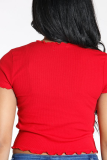 Cuello en O rojo Manga corta Orillo fibroso Top corto sólido Camisetas y camisetas