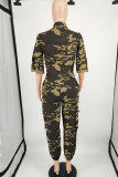 Camouflage Casual Camouflage Print Split Joint Draw String Pocket Zipper Turndown Collar Regular Jumpsuits