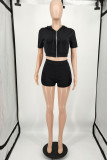 Black Fashion Casual Solid Basic Zipper Collar Short Sleeve Two Pieces