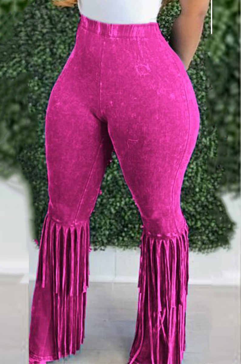 

Fuchsia Casual Solid Tassel Boot Cut High Waist Speaker Solid Color Bottoms