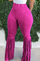 Fuchsia Casual Solid Tassel Boot Cut High Waist Speaker Solid Color Bottoms