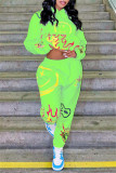 フルーツグリーン ファッション カジュアル プリント ベーシック フード付き 襟 長袖 ツーピース