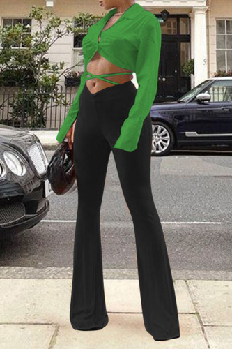 Green Sexy Solid Backless Turndown Collar Long Sleeve Two Pieces