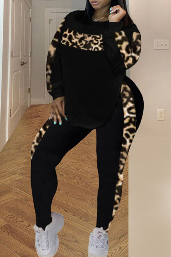 Zwarte mode casual print luipaard patchwork O-hals grote maat twee stukken