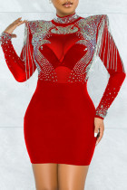 Красные модные прозрачные платья с длинными рукавами в стиле пэчворк с горячим бурением