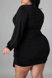 Schwarze, sexy, solide Patchwork-Volantfalten-V-Ausschnitt-Langarm-Kleider in Übergröße