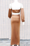 Brown Sexy Solid Hollowed Out Patchwork Asymmetrical Strapless Long Sleeve Two Pieces