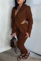 ダークブラウンファッションカジュアルソリッド非対称フード付きカラー長袖ツーピース