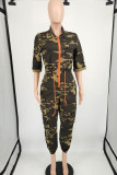 Camouflage Casual Camouflage Print Patchwork Draw String Pocket Zipper Turndown Collar Regular Jumpsuits