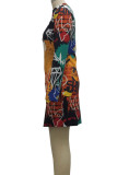 Multicolor Sexy Print Patchwork Zipper Collar Pencil Skirt Dresses