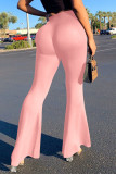 Alto-falante de cintura alta rosa casual com corte de bota sólido fundo de cor sólida
