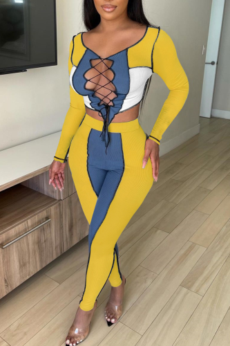 Yellow And Blue Sexy Patchwork Hollowed Out V Neck Long Sleeve Two Pieces