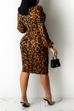 Leopard Print Sexy Leopard Split Joint V Neck Pencil Skirt Dresses