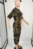 Camouflage Casual Camouflage Print Split Joint Draw String Pocket Zipper Turndown Collar Regular Jumpsuits