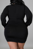Zwarte sexy effen patchwork volant vouw V-hals lange mouw plus size jurken