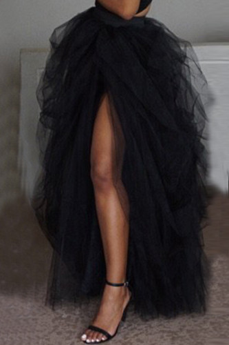 Черная модная повседневная однотонная лоскутная обычная сетчатая юбка