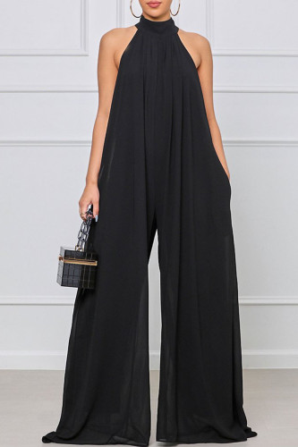 Black Elegant Solid Patchwork Halter Straight Jumpsuits