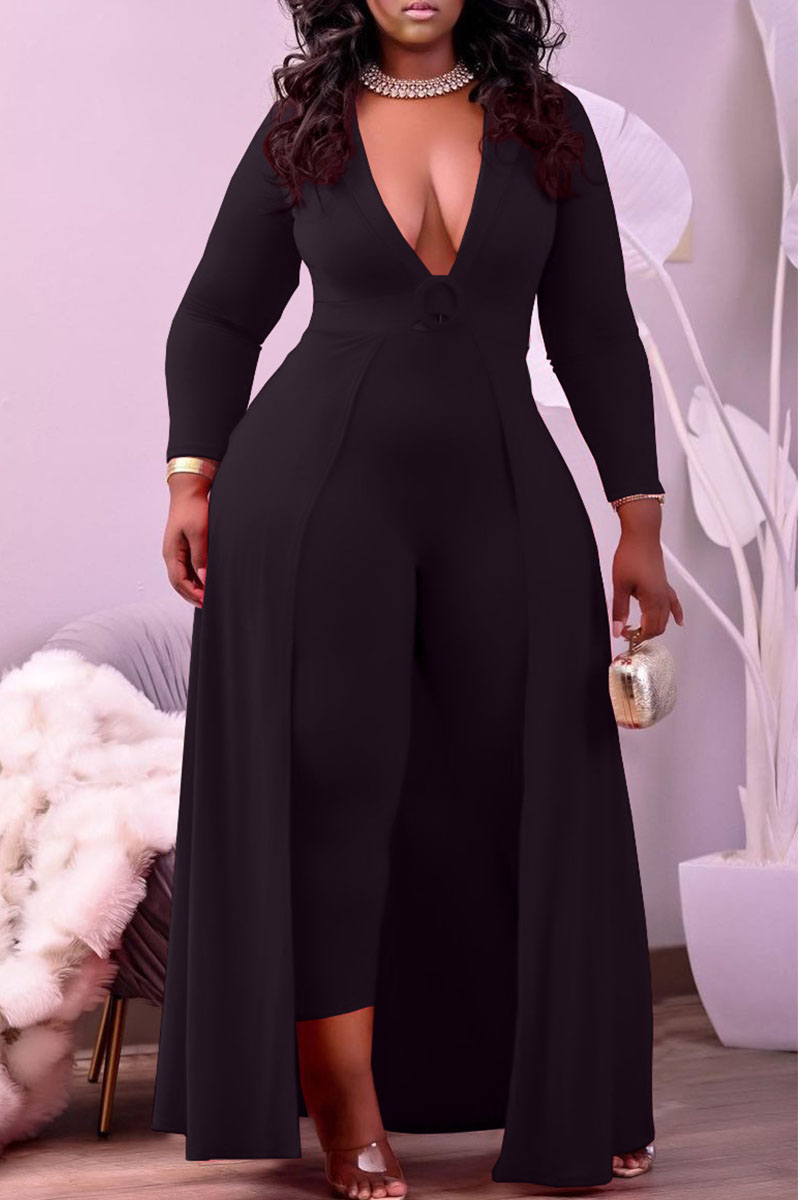 

Black Casual Solid Split Joint Asymmetrical V Neck Plus Size Jumpsuits