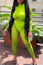 Fluorescent Yellow Fashion Sexy Patchwork See-through O Neck Skinny Jumpsuits